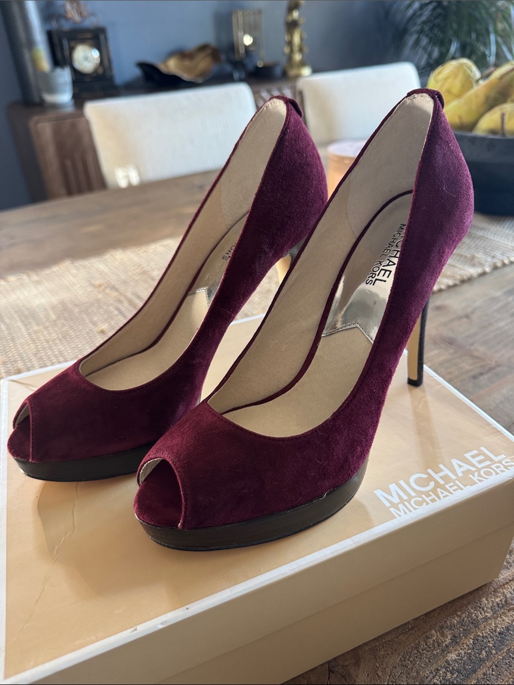 NEW in BOX! Michael Kors Burgundy Suede Peep-Toe Pumps with Platform